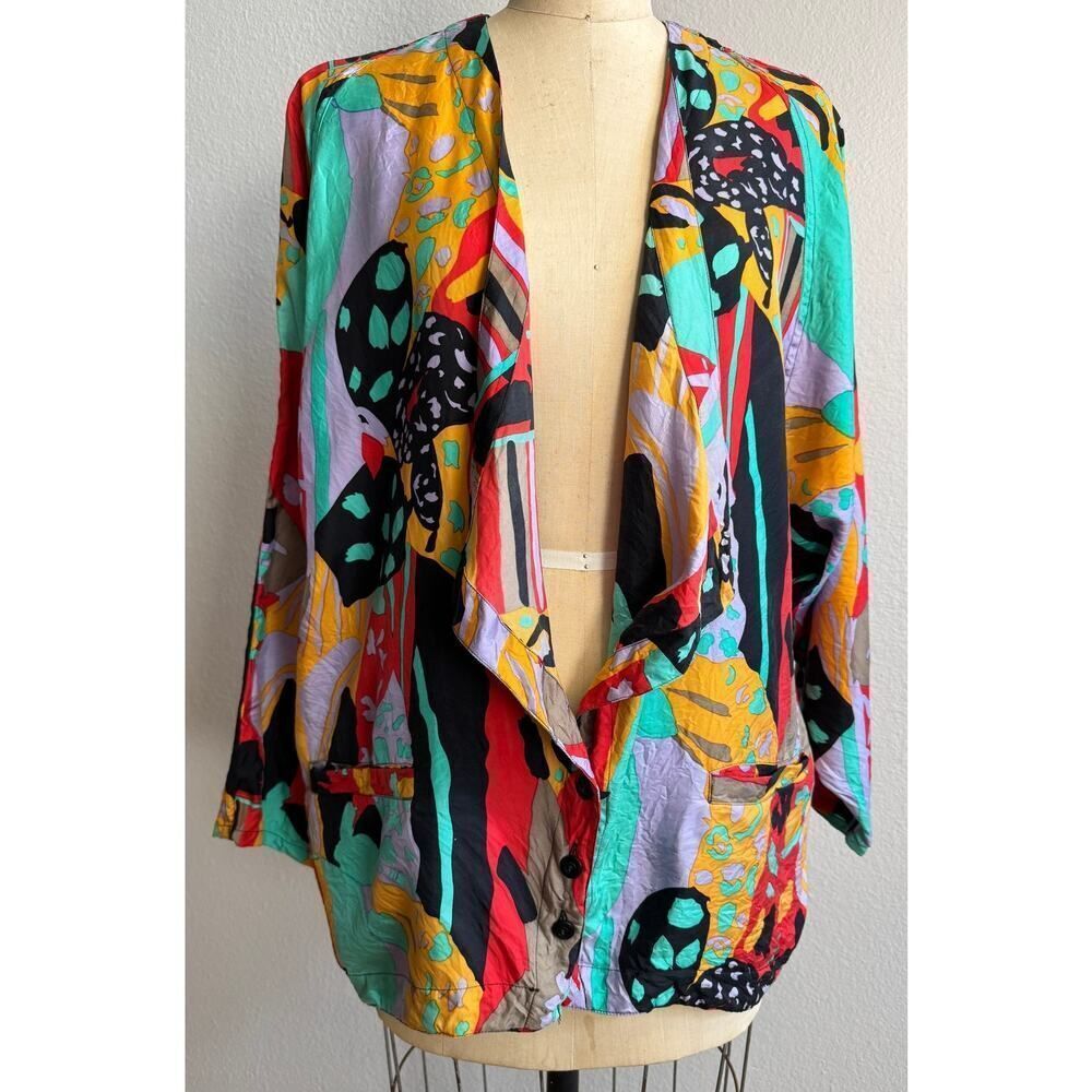AR USAGI Vintage 80s Retro 100% Silk‎ Blazer Bold Amazing sz Medium EUC